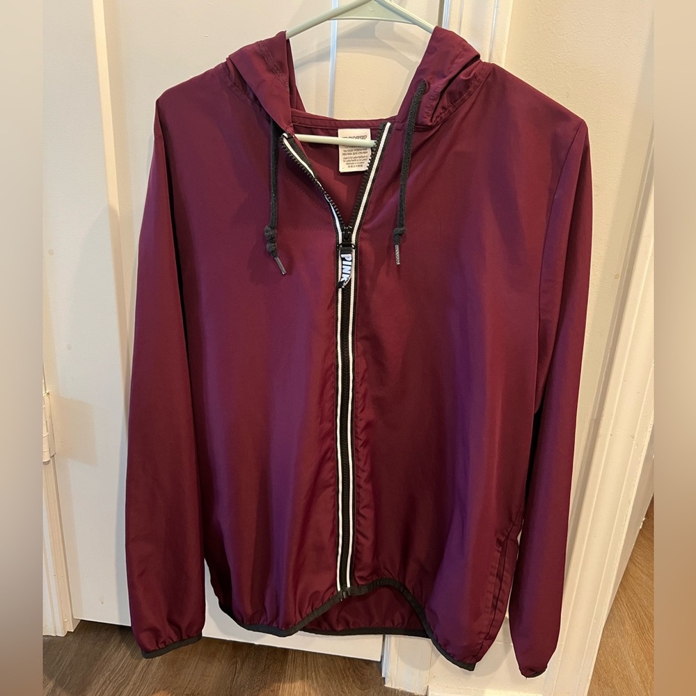 PINK Burgundy Windbreaker Jacket | Hooded Zip-Up | Size XS